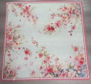 Detailed view of the vintage square foulard featuring delicate cherry blossoms and elegant leaves.