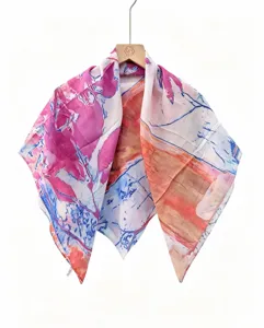 Silk square scarf detail showing vibrant retro ink painting abstract pattern and soft texture.