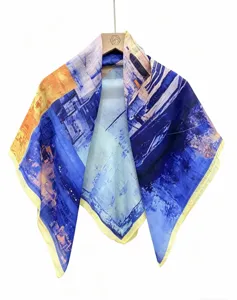 Detailed view of the 90cm abstract oil painting silk square scarf, vintage blue and yellow.