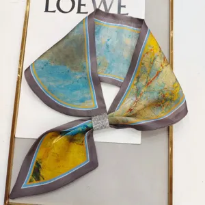Silk scarf skinny twilly with rhinestone buckle abstract art print for women neck decoration