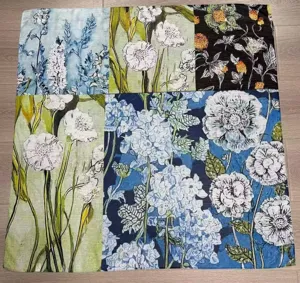 Retro oil painting floral square silk scarf detail, elegant botanical print for women.