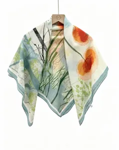 Retro Chinese ink oil painting square scarf 90cm large silk scarf for women fashion decorative