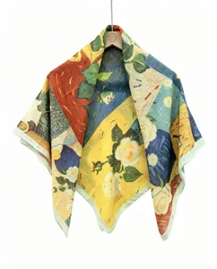 Vintage oil painting floral square silk scarf women elegant fashion art decorative headscarf