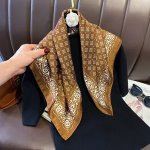 Brown geometric print silk scarf luxury square shawl elegant neckerchief fashion accessory.