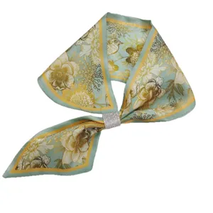Women silk scarf twilly narrow neckerchief with rhinestone buckle floral print summer chic