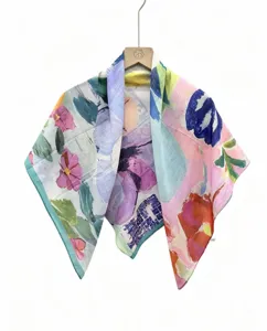 Colorful abstract oil painting silk square scarf for women fashion accessory 90cm