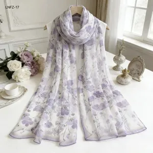 Close-up view of women floral print chiffon scarf, elegant purple flower pattern for daily wear.