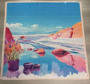 90cm large square scarf featuring vintage watercolor landscape oil painting print for women.