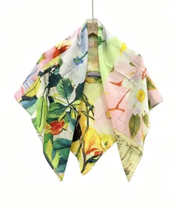 Retro oil painting floral print large square silk scarf for women, elegant neckerchief 90cm.
