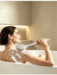 Detailaufnahme der langstieligen Buerste mit weichen Borsten und ergonomischem Griff zum Ruecken.