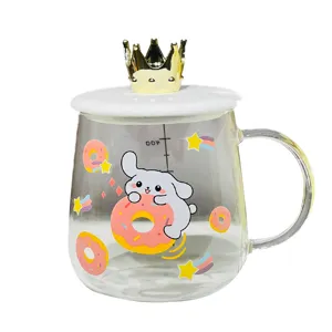 Heat-resistant glass mug with cute cartoon dog pattern, white lid and gold crown for daily use.