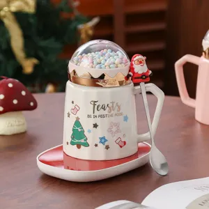 Christmas ceramic mug with dome lid and spoon, cute festive design holiday gift coffee cup.