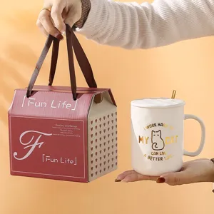 Ceramic coffee mug gift set with lid spoon cute cat print for office home daily use cute