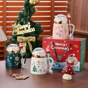 Christmas ceramic mug gift set with dome lid and spoon, cute holiday coffee cup for gifts.