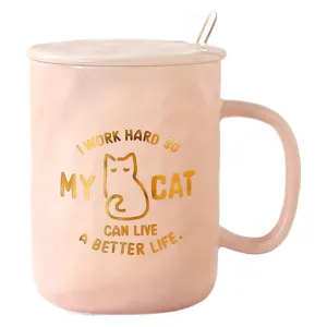 Cute pink ceramic coffee mug with lid and spoon, creative cat quote office water cup for women.