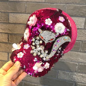 Women Fashion Rhinestone Fox Swan Baseball Cap Sequins Mesh Breathable Sun Hat Adjustable Casual Sport Cap
