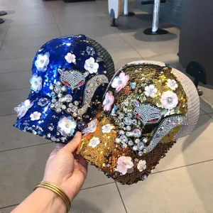 Sequined rhinestone baseball cap for women, sparkling diamond fashion mesh sun hat, casual style.