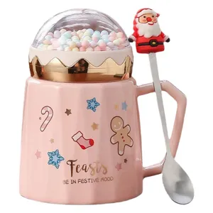 Christmas ceramic mug with dome lid spoon cute pink festive coffee cup gift 400ml