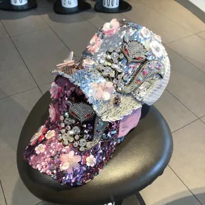 Sparkling sequin rhinestone baseball cap with 3D floral appliques, chic sunshade hat for women.