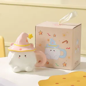 Jolie tasse en céramique fantôme avec couvercle chapeau de sorcière et boîte cadeau.