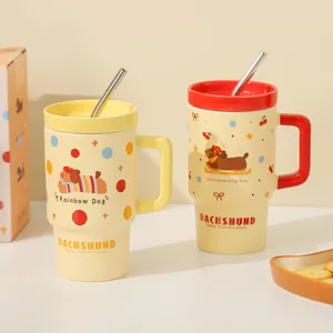 Tazza in ceramica con bassotto carino, coperchio e cannuccia, grande tazza da caffè come regalo.