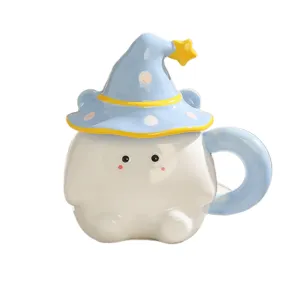 Jolie tasse en céramique avec couvercle, mug café chapeau sorcier, cadeau elfe mignon original.