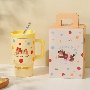 Tazza in ceramica carina con coperchio e cannuccia, grande mug gialla con confezione regalo donna.