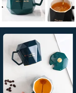 Detailansicht der Keramiktasse im geometrischen Facettendesign mit passendem Deckel und Löffel.