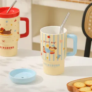 Carina tazza da caffè in ceramica bassotto con paglia, grande capacità simpatico cucciolo tazza.