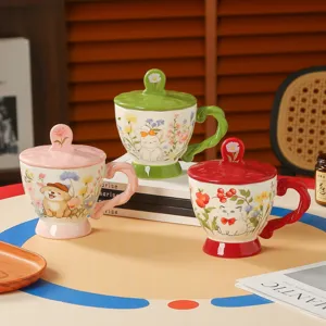 Keramik Kaffeetasse Mit Deckel Und Griff Süße Cartoon Katze Blumenmuster Keramikbecher Für Büro Zuhause Damen