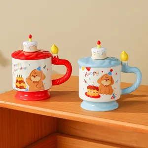 Süße Cartoon Keramik Kaffeetasse mit Deckel und Kerzengriff, kreative Geburtstag Tasse.