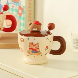 Close-up detail of a cute ceramic coffee mug with 3D bear lid and spoon, perfect cozy design.