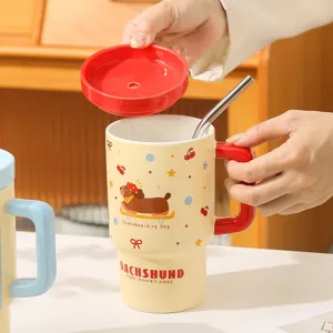 Simpatica tazza in ceramica bassotto con coperchio e cannuccia, grande tazza da caffè regalo donna