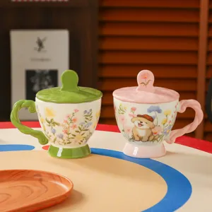 Keramik Kaffeetasse mit Deckel niedliches Cartoon Blumen Welpen Design Tasse Büro Zuhause