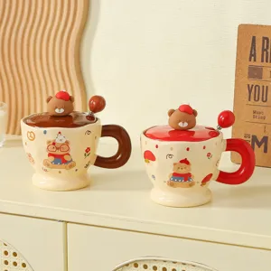 Cute bear ceramic coffee mug with lid and spoon, aesthetic cartoon water cup for couples.