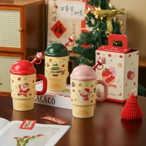 Tazza In Ceramica Di Natale Con Coperchio E Cannuccia Simpatico Cartone Animato Babbo Natale Pupazzo Di Neve