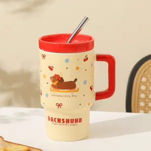 Tazza in ceramica carina bassotto stile INS con coperchio rosso e cannuccia in metallo.