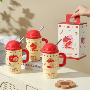 Creative apple ceramic mug with lid and straw, cute design large capacity gift water cup