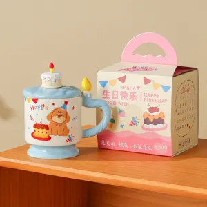 Süße Keramiktasse mit Deckel und Geschenkbox, Geburtstagskuchen Design, kawaii Tasse.