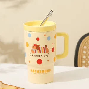 Tazza da caffè in ceramica carina con coperchio e paglia, bicchiere cane kawaii regalo donna.
