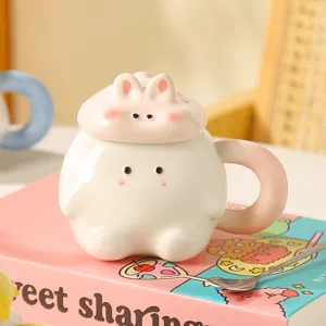 Cute ceramic mug with lid close up view, adorable animal design coffee cup for daily use