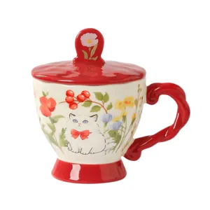 Süße Keramiktasse mit Deckel und niedlichem Katzen-Blumen-Design für Büro und Zuhause.