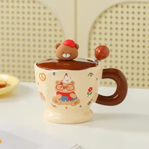 Cute ceramic coffee mug with lid and spoon, adorable cartoon bear design for daily use.