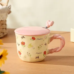 Cute ceramic coffee mug with lid and bow spoon, pastoral floral design for daily use.