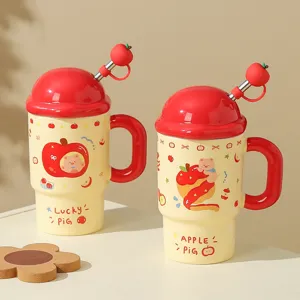 Cute apple ceramic mug with lid and straw, large capacity cartoon milk water cup for gifts.