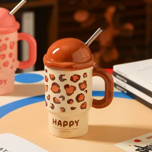 Süße Keramik Tasse mit Deckel und Strohhalm, kreatives Leopardenmuster Kaffeetasse.