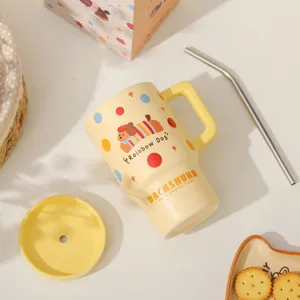 Tazza da caffè in ceramica con coperchio e paglia, simpatico design bassotto tazza gialla.