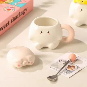 Cute ceramic coffee mug with lid and spoon, lovely animal design for daily drink gift.