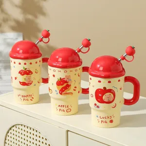 Creative ceramic mug with lid and straw, cute apple bear pattern, large capacity drinkware.