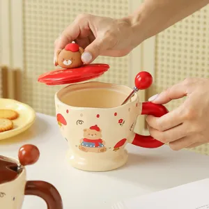 Cute ceramic bear mug with lid and spoon, lovely cartoon coffee cup for daily drink gift.